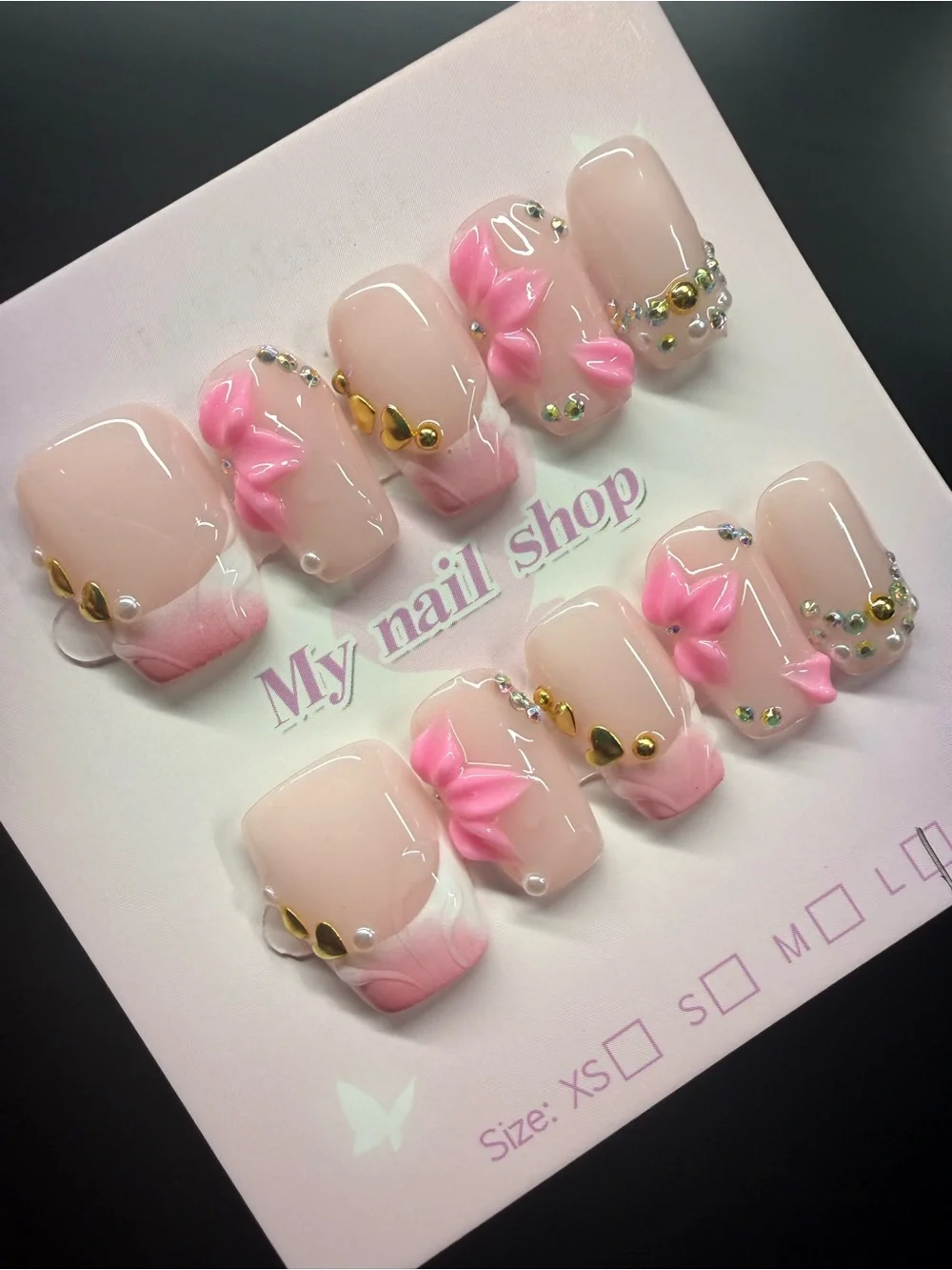 3D Pink Floral 3D Press-On Nail Set Large